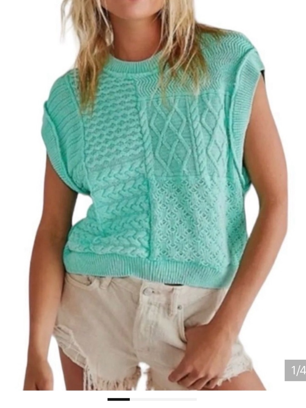 Free People Mint Cable Patchwork Sleeveless Sweater Vest